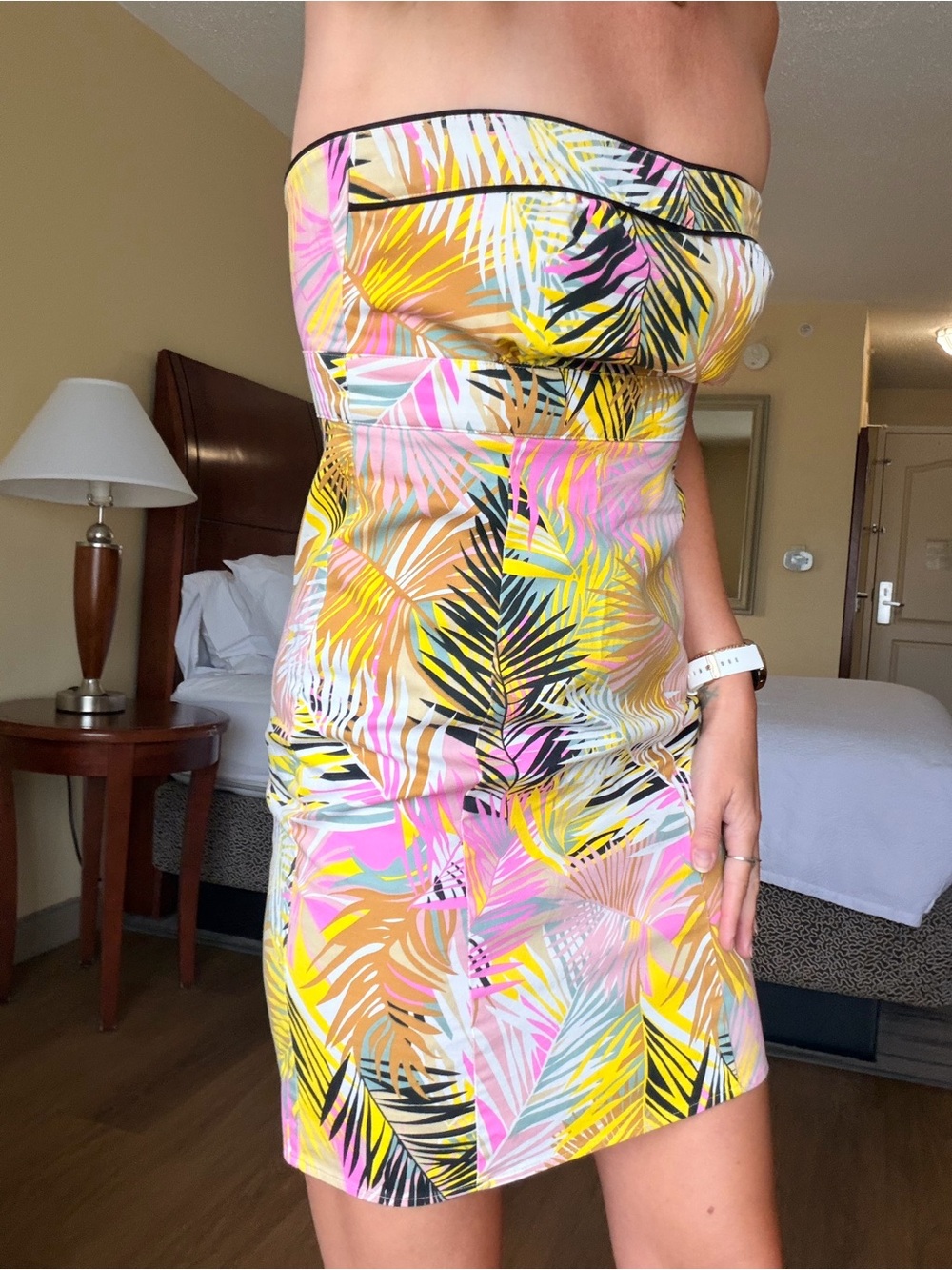 H&M Strapless Tropical Leaf Bodycon Dress - Yellow, Pink & Black